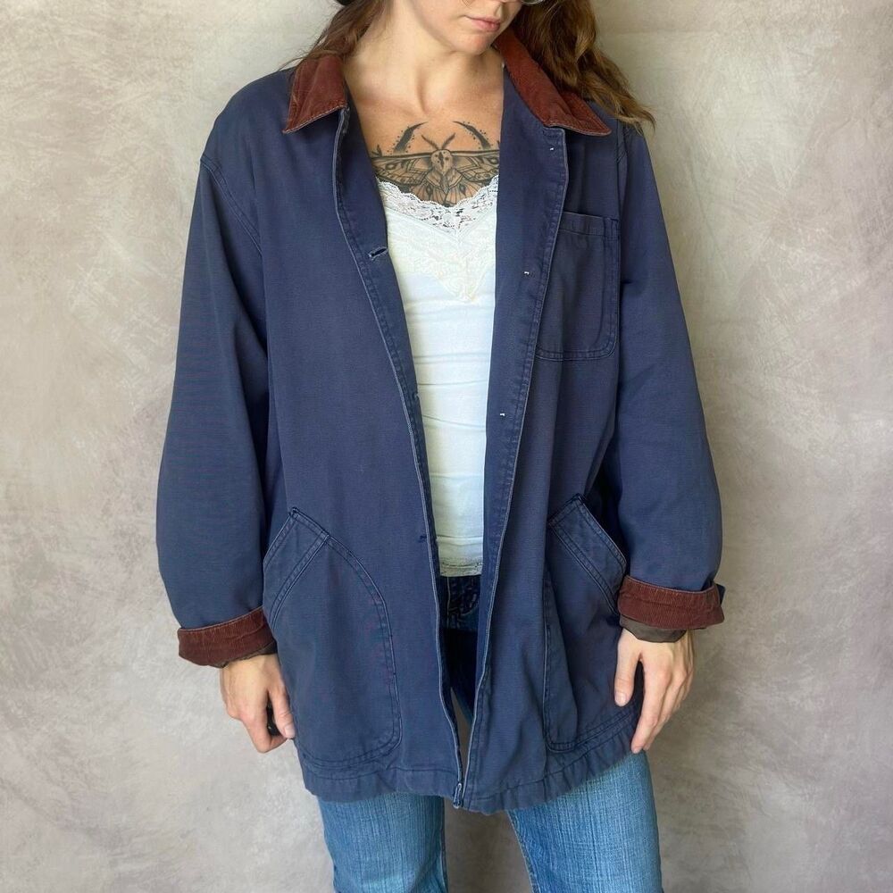 Vintage 90s Faded Glory Chore Jacket Womens XL Blue Barn Coat Plaid Lined